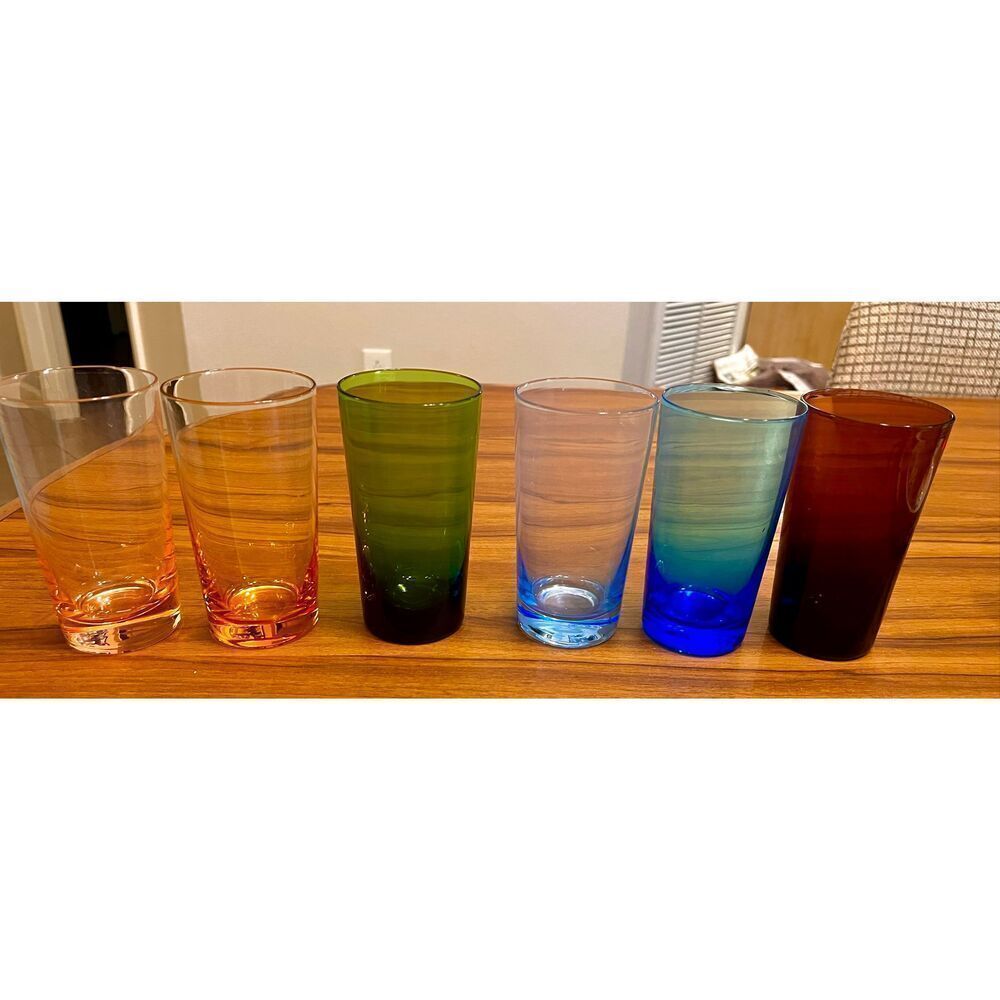 Set of 6 MCM Colorful Glass Drinking Glasses Highball Kitchen Tumbler Set 8 Oz.